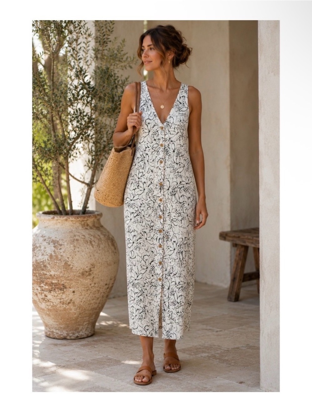 Old Navy Cream Maxi Dress with Black Floral Print
